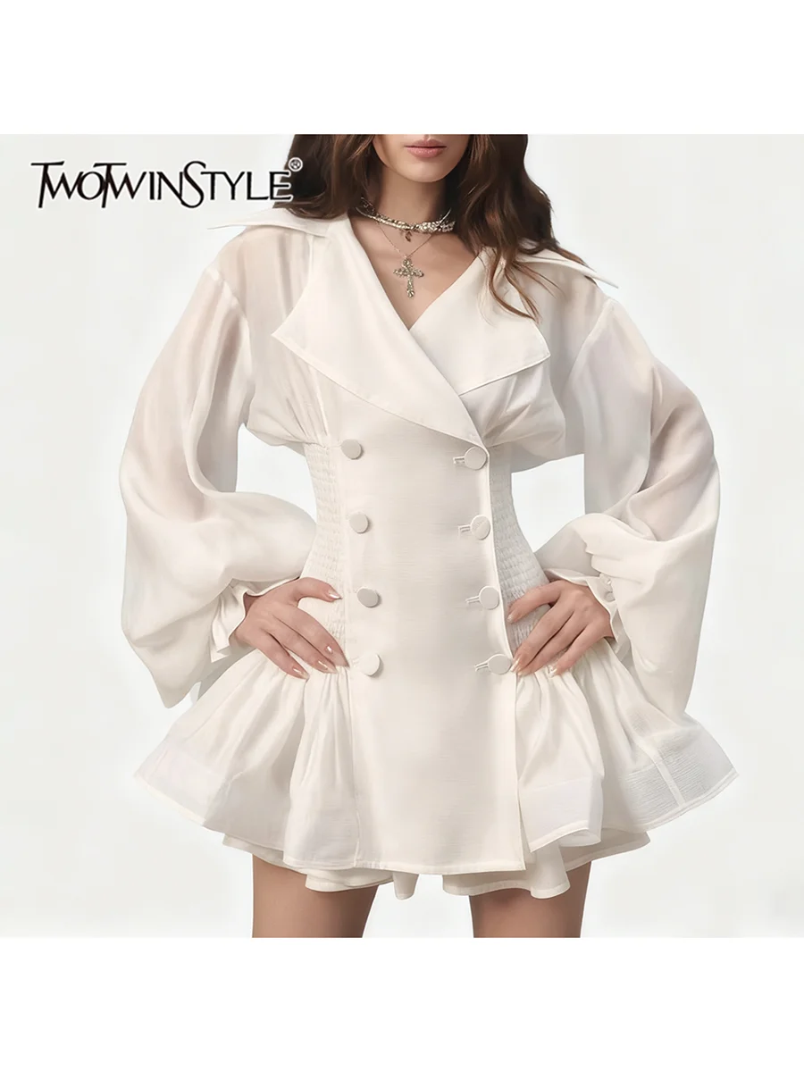 TWOTWINSTYLE 솔리드 슬리밍 스플라이스드 더블 브레스티드 미니 드레스 여성용 라펠 긴 소매 패치워크 러플 드레스 여성 신상