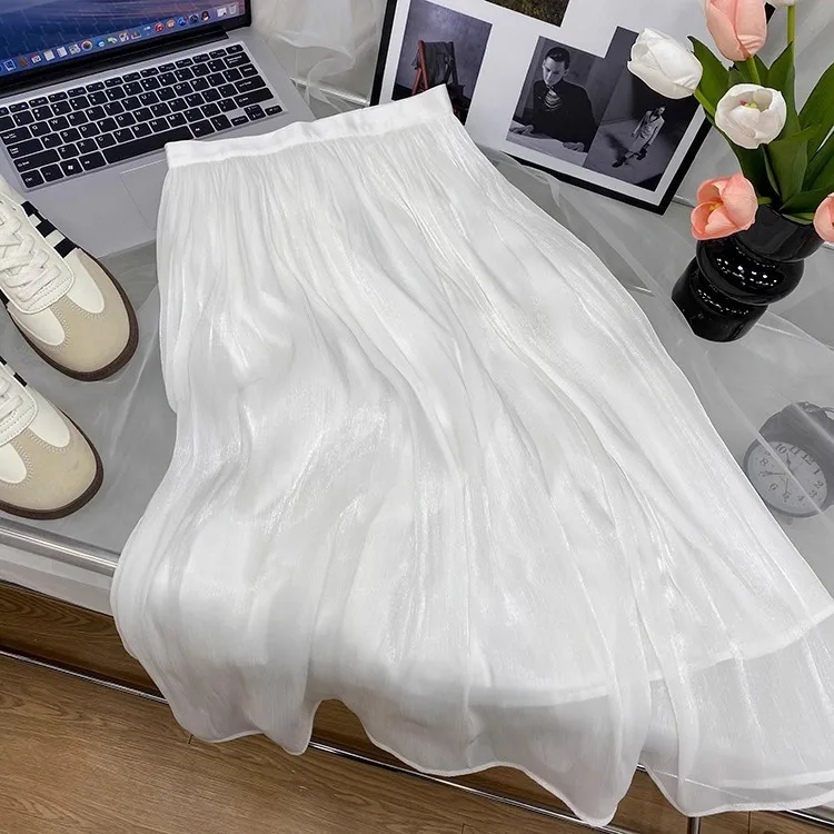 2026 Frühjahr/Sommer Neuer Glänzender A-Linien-Rock für Damen, Einfarbig, Hohe Taille, Französischer Pariser Stil, Eleganter Asymmetrischer Rock – Detail 27
