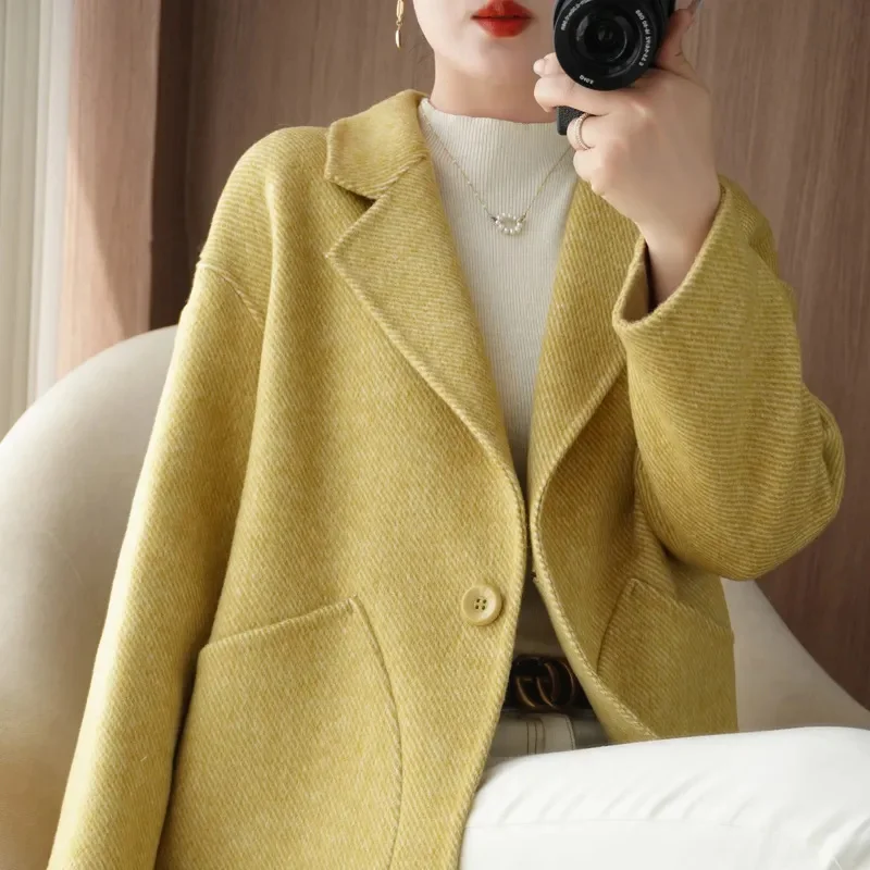 Wool Coat Double-Faced Coat for Middle-Aged and Senior Mothers Korean Simple Wool Blazer for Petite Women in Winter Jacket Pink