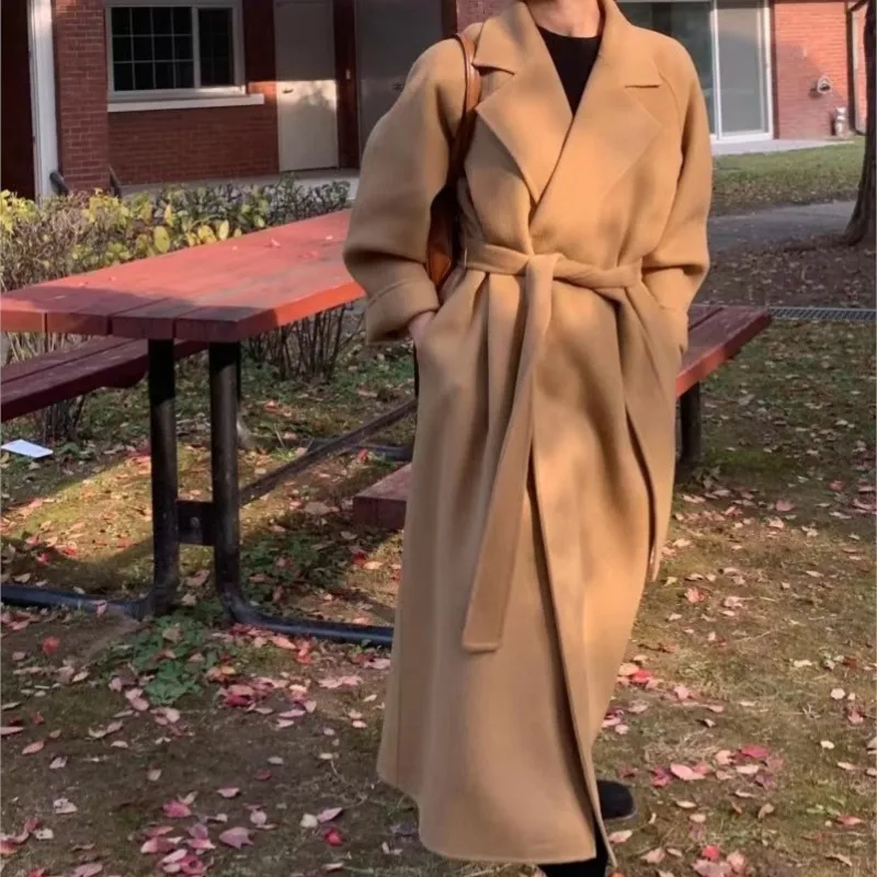 Women Elegant Long Woolen Coat with Belt Autumn Winter New Fashion Solid Lapel Long Sleeve Chic Outerwear Ladies Casual Overcoat