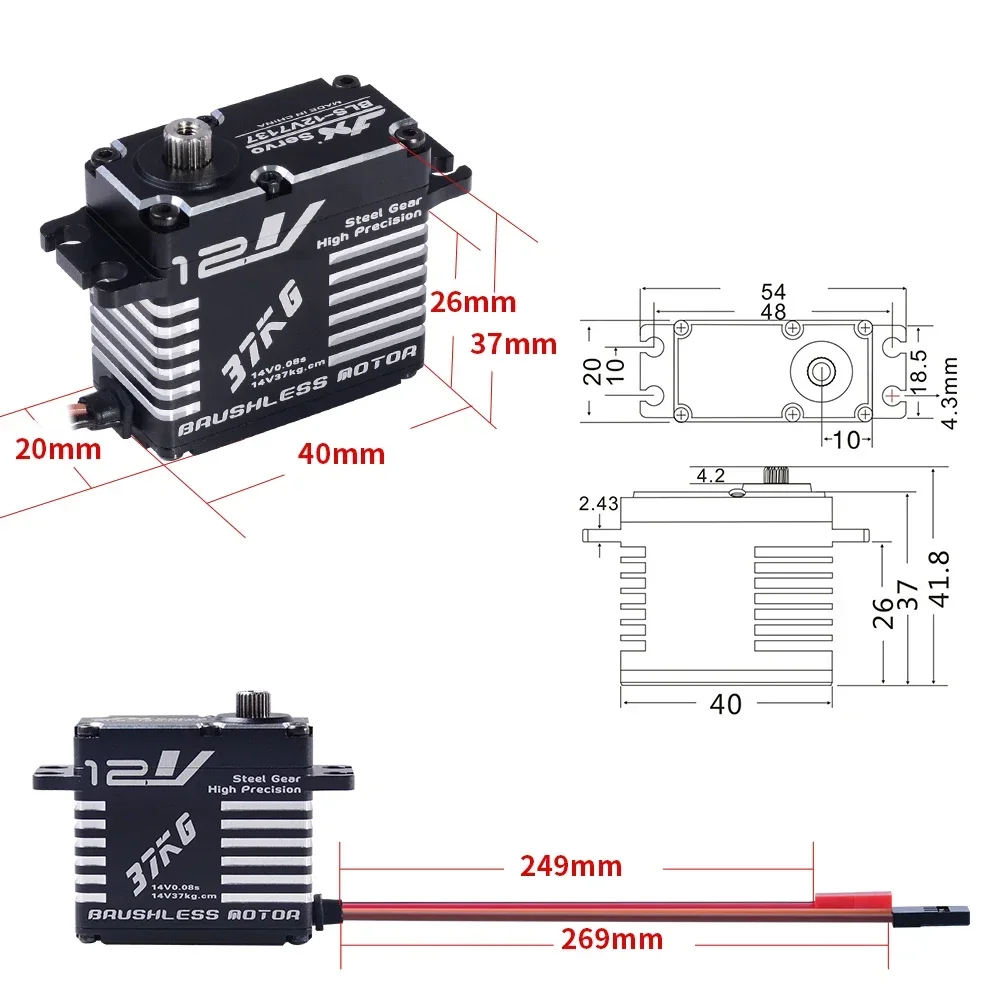 JX BLS-12V7137 37kg Engrenagem de metal de aço de alta precisão Full CNC Servo motor sem escova digital para carros RC Crawler Boat Robot Drone