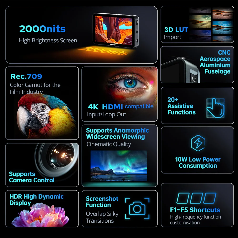 Godox GM6S Pro 5.5 Inch 10W 4K Ultra Bright Camera Monitor DSLR 3D LUT Touch Screen IPS FHD 1920x1080 Video 4K HDM1 Field Monito