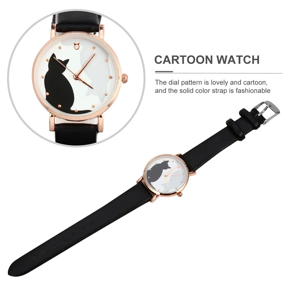 

2 pcs Cartoon Cat Watch Wristwatches for Women Black Color Ladies Fashion Teenager Girls Quartz Watches Adjustable Belt