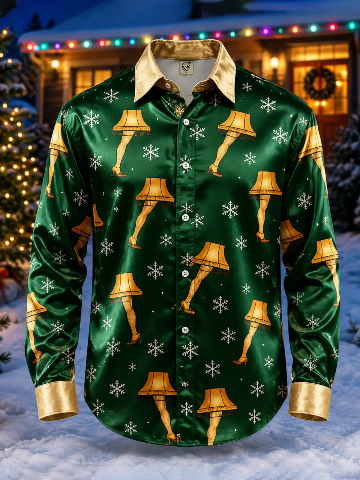 Men Satin Button Up Shirt Wine Red Leg Lamp Snowflake Print Long Sleeve Christmas Holiday Party Shirt