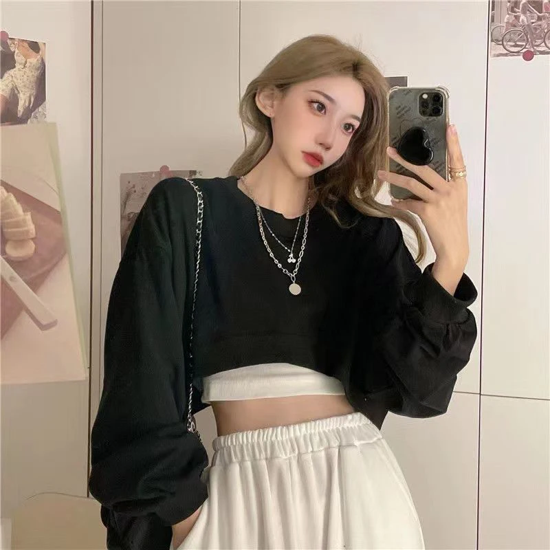 Fall Women O Neck Long Sleeve Crop Top T Shirts Korean Fashion Sexy Harajuku Casual Oversized Pullover Sports Hip Hop Streetwear