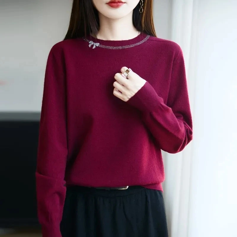 Sweater Women's Pullover 2025 Autumn Winter New Female Drilling Sweater Close-fitting Joker Bottoming With Ladies Knitted Tops