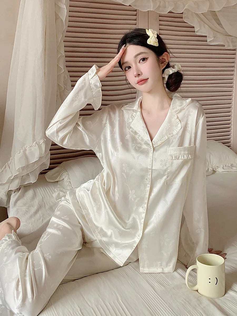 Women's Ice Silk Jacquard Pajamas Long Sleeve Turn Down Collar White Sleepwear 2pcs Comfortable Simple Nighty Homewear