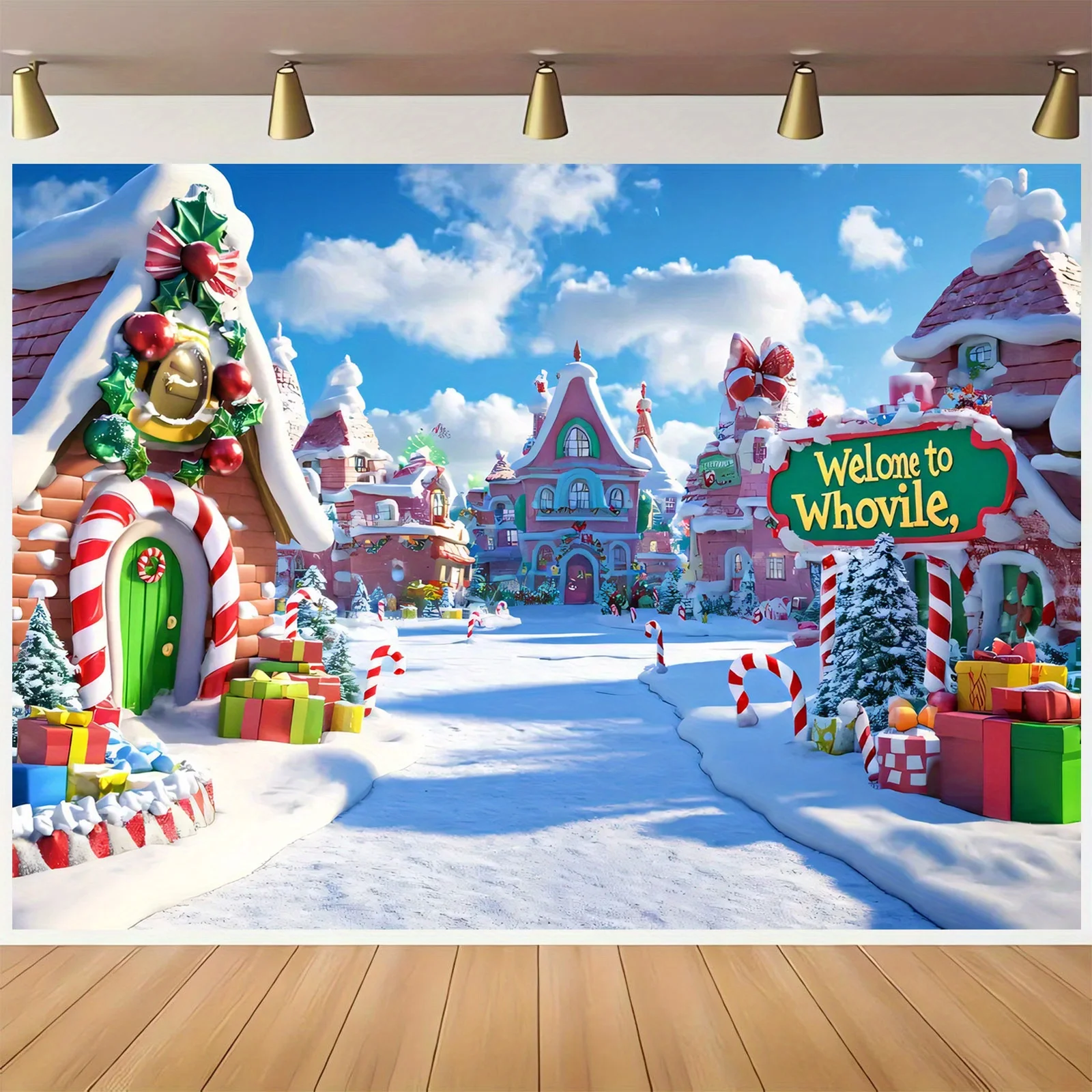 قطعة مسطحة 2D من خلفية بوليستر لمناظر قرية عيد الميلاد Whoville، مناسبة لتزيين الحفلات الاحتفالية