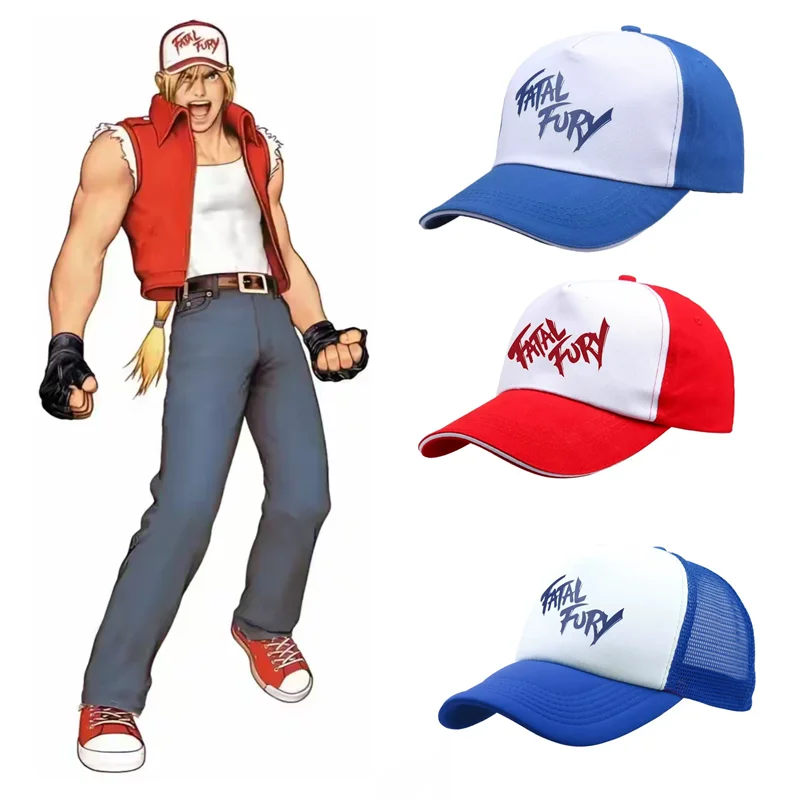 Anime jogo de rua rei dos lutadores boné de beisebol kof furia fatal terry bogard cosplay impresso chapéu ajustável unisex esportes bonés