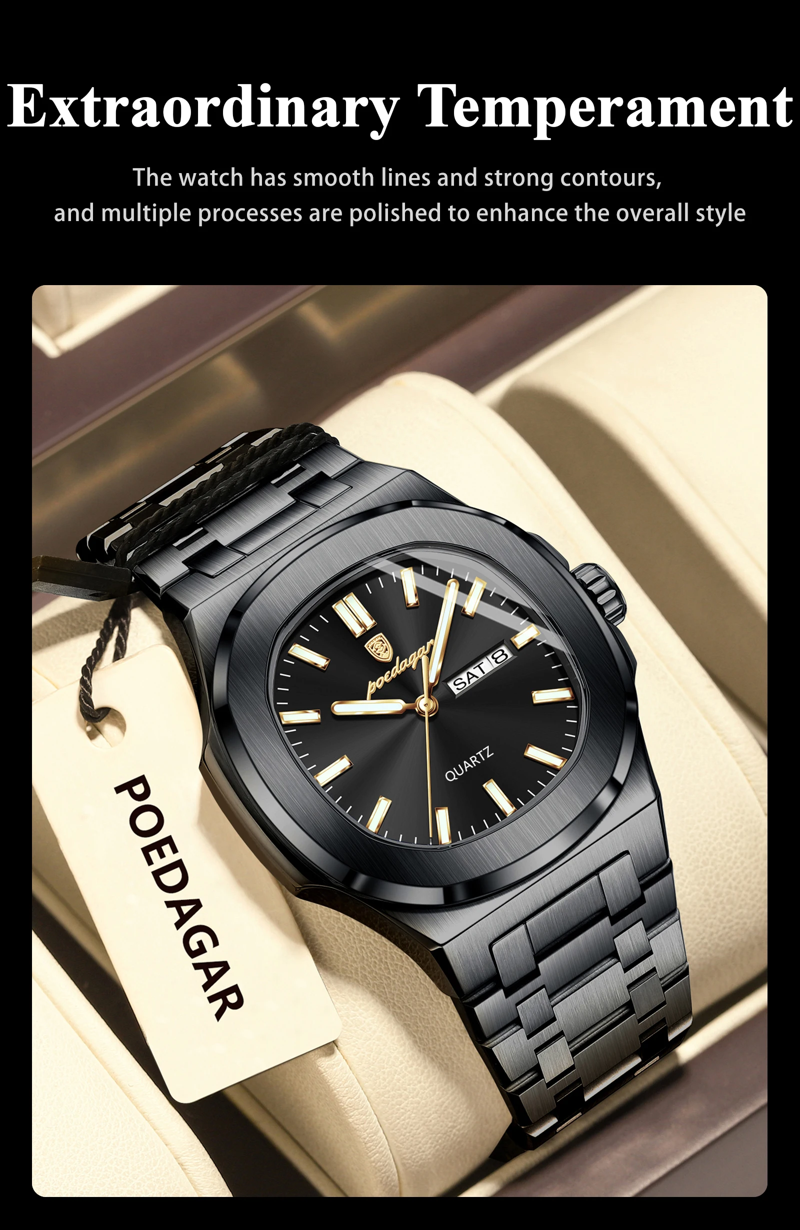 POEDAGAR Luxus Platz herren Uhren Wasserdicht Leucht Datum Woche Männer Uhr Edelstahl Mode Quarz Mann Armbanduhr Reloj – Detail 7