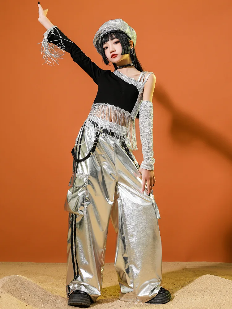 Roupas de dança de rua para meninas, colete curto preto com borla prateada, curto/calça prateada, fantasia de líder de torcida, kpop, hip hop, roupas de palco