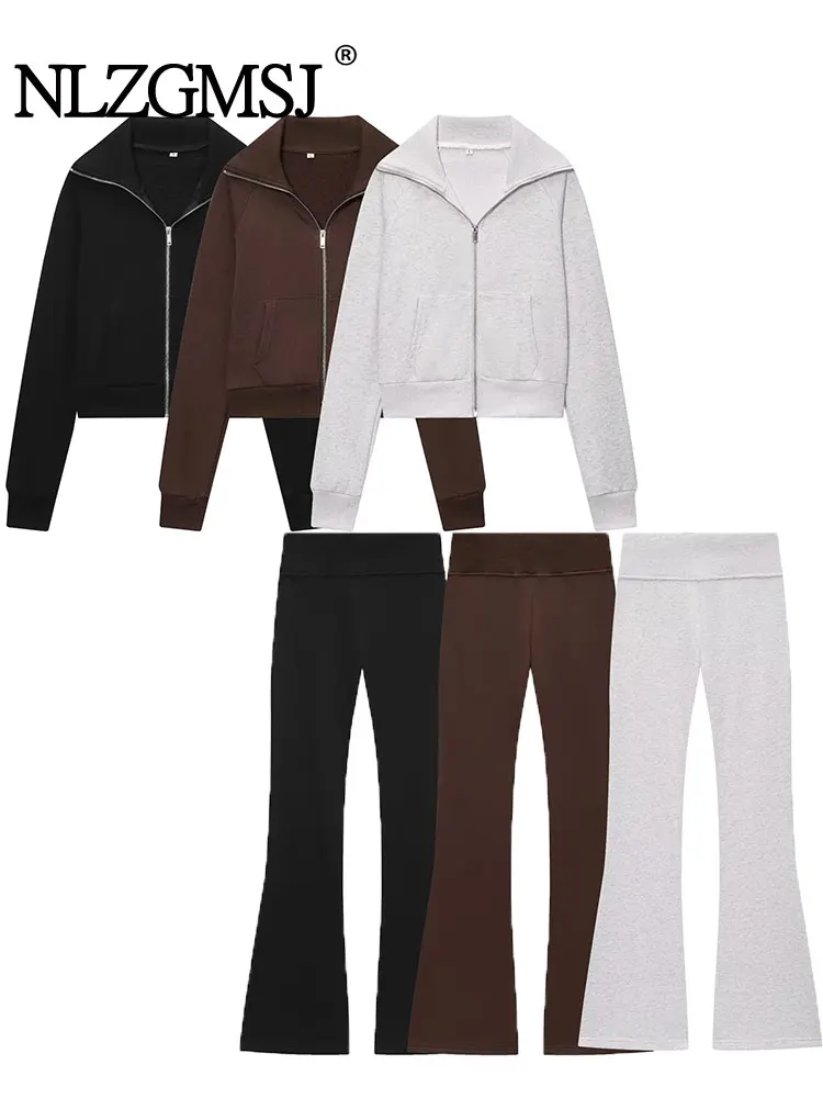 

NLZGMSJ повседневный спортивный шикарный однотонный костюм с воротником-стойкой и длинными рукавами на молнии, длинные брюки-клеш, модные осенние комплекты 2023 г.