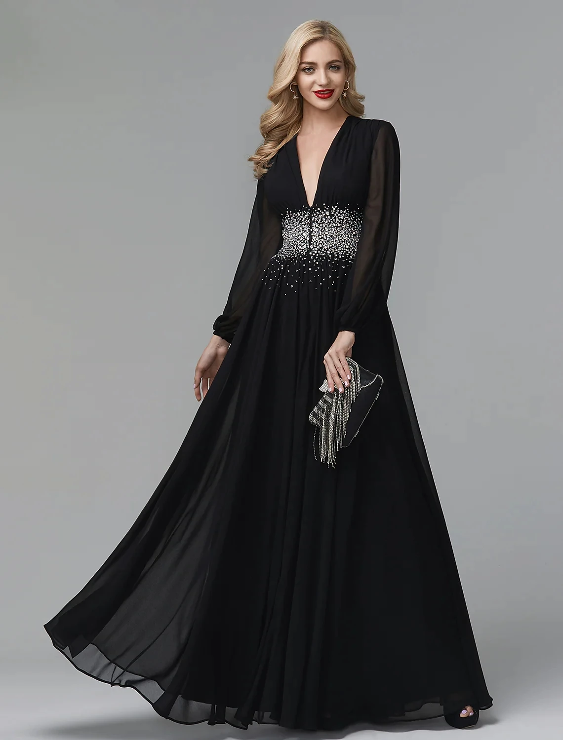 

A-Line Celebrity Style Black Evening Birthday Dresses V Neck Long Sleeve Beading Formal Prom Gowns Vestidos Robe De Soirée