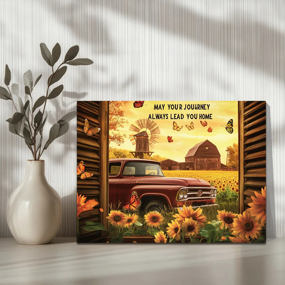 1pc,A Classic Red Vintage Pickup Truck Parked In A Vibrant Sunflower Grove A, Modern Canvas Wall Art,  Framed, 16x12inch