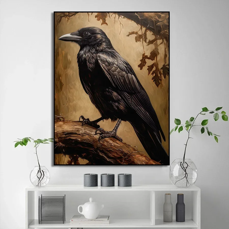 Dark Gothic Style Raven Flower Pumpkin Witchy Crow Art Poster Canvas Painting Wall Art Print Picture for Living Room Home Decor