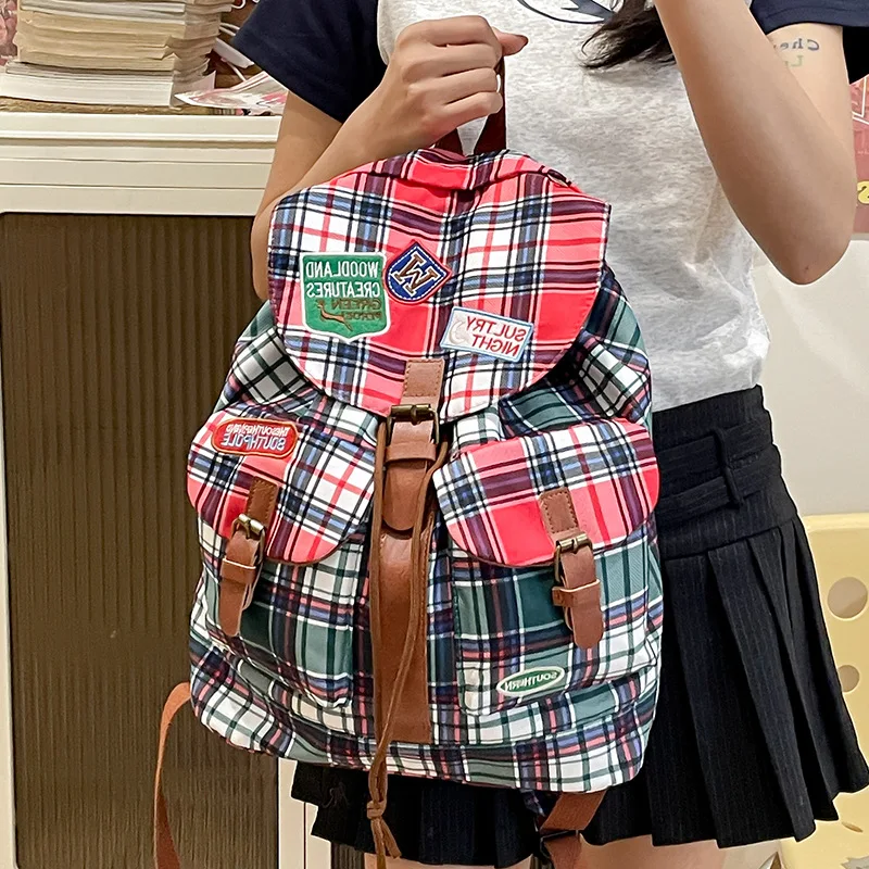 

Students High-capacity Plaid School Backpack Multi Pocket Nylon Cloth Eco-friendly Unisex Rucksack Sweethearts Travel Knapsack