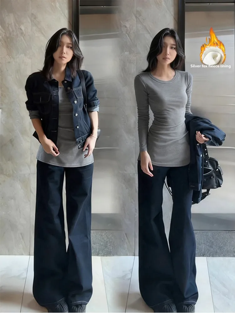 Women's Fleece Lined Slim Fit Long Sleeve Base Shirt Inner Wear T-Shirt mid Length Cover Butt Waist Cinching Shoulder Width T...