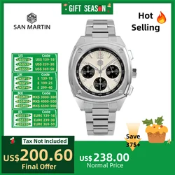 San Martin 39.5mm VK63 Panda Quartz Chronograph Watch Men Clock Wristwatch Sport Butterfly Clasp Relogios Masculino SN0026JS