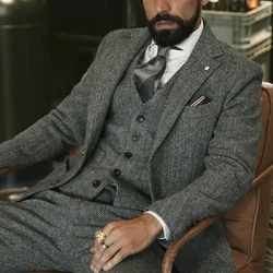 Gray Woollen Herringbone Men Suits for Wedding Groom Tuxedo 3 Piece Tweed Custom Fashion Set Jacket with Pants Waistcoat 2023