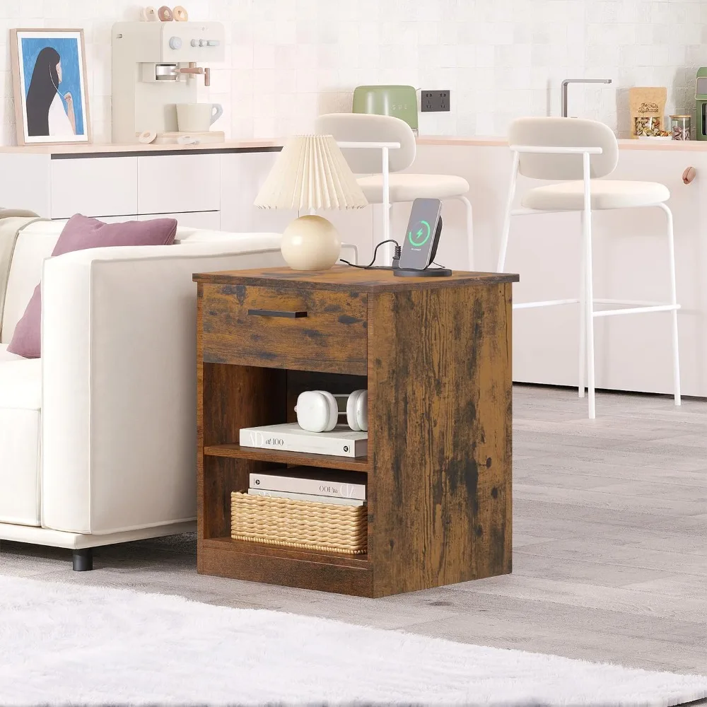 Everyday Side Table with Fast Charging Station - USB Cable Fast Charging, Rustic Brown Nightstand Bedside Table