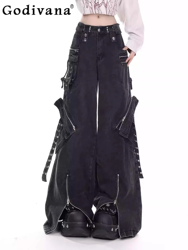 

Personalized Girl Punk Chic Multi-pocket Zipper Black Jeans Fashion Loose Wide-leg Versatile Age-reducing Wide-leg Trousers
