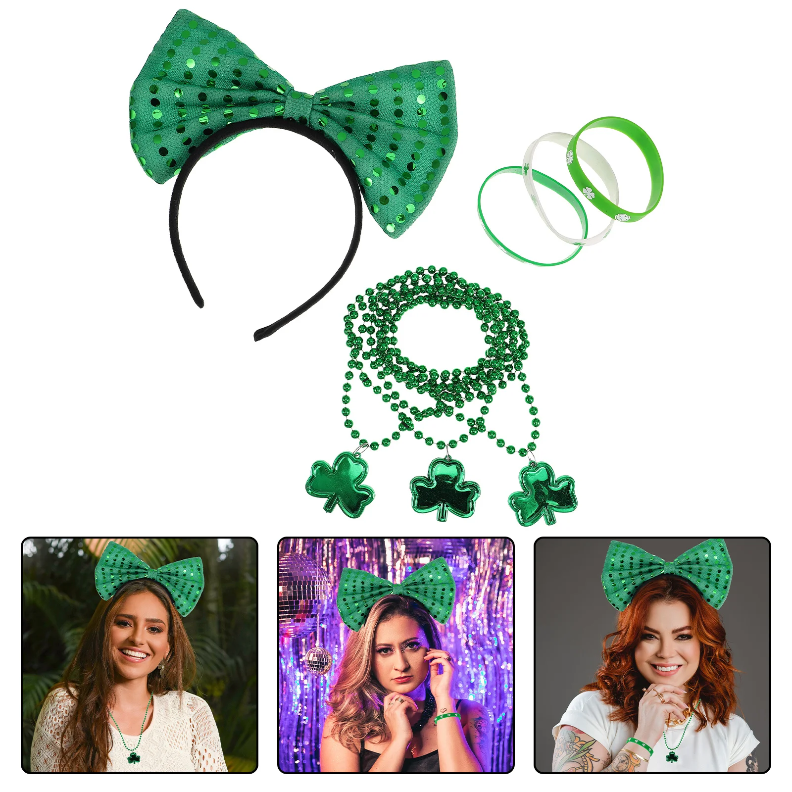 

1Set Women's St. Patrick's Day Festival Green Bow Headband Shamrock Necklace Bracelet Party Accessories Irish Shamrock Necklace