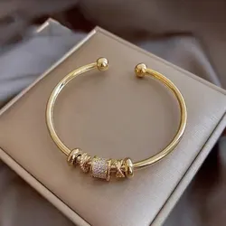 Gold Plated Cuff Bangle Copper Material Cubic Zircon Stone Rhodium Plated Size Adjustable Cuff Bracelet Girl Fashion