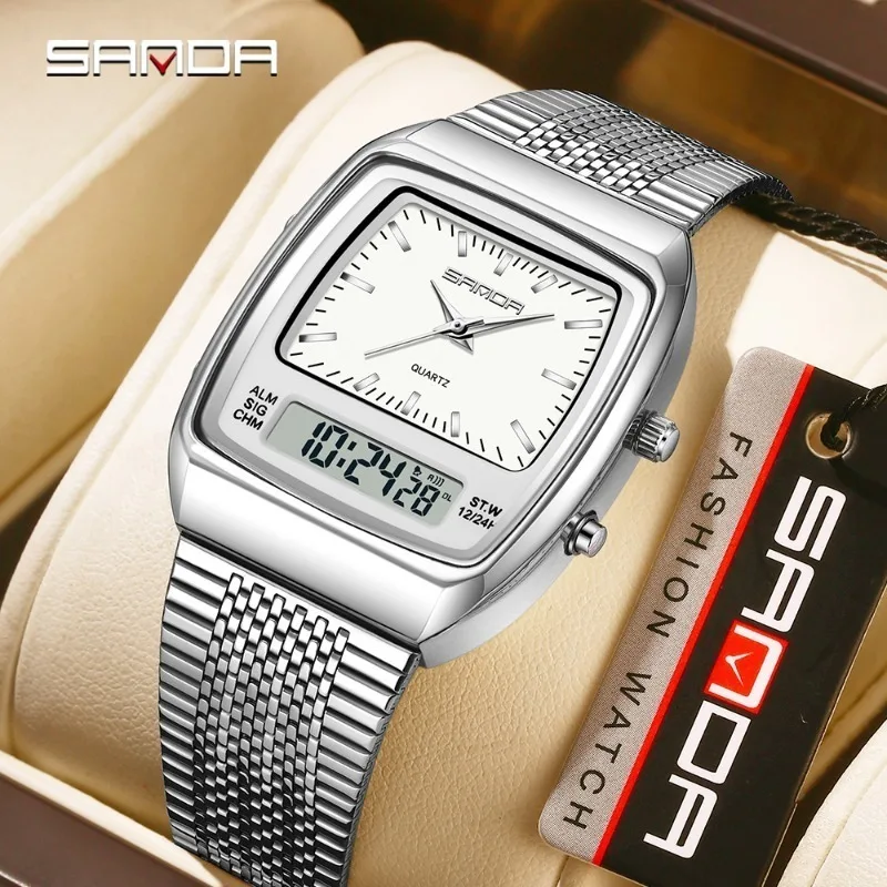 

SANDA 3393 Retro Square Double Movement Double Display Watch Night Light Waterproof Quartz Electronic Watch Business Men's Watch