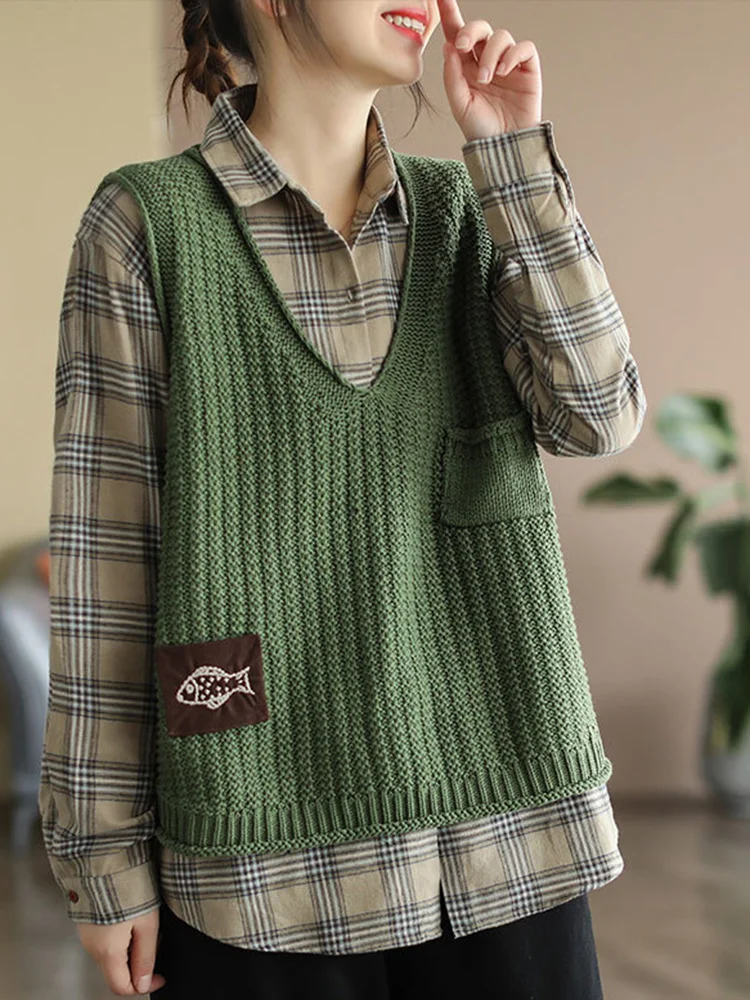 

Women Vintage Knited Vest Casual Pocket Patchwork V-neck Sleeveless Tank Tops 2023 Autumn Thin New Female Loose Tops Y726