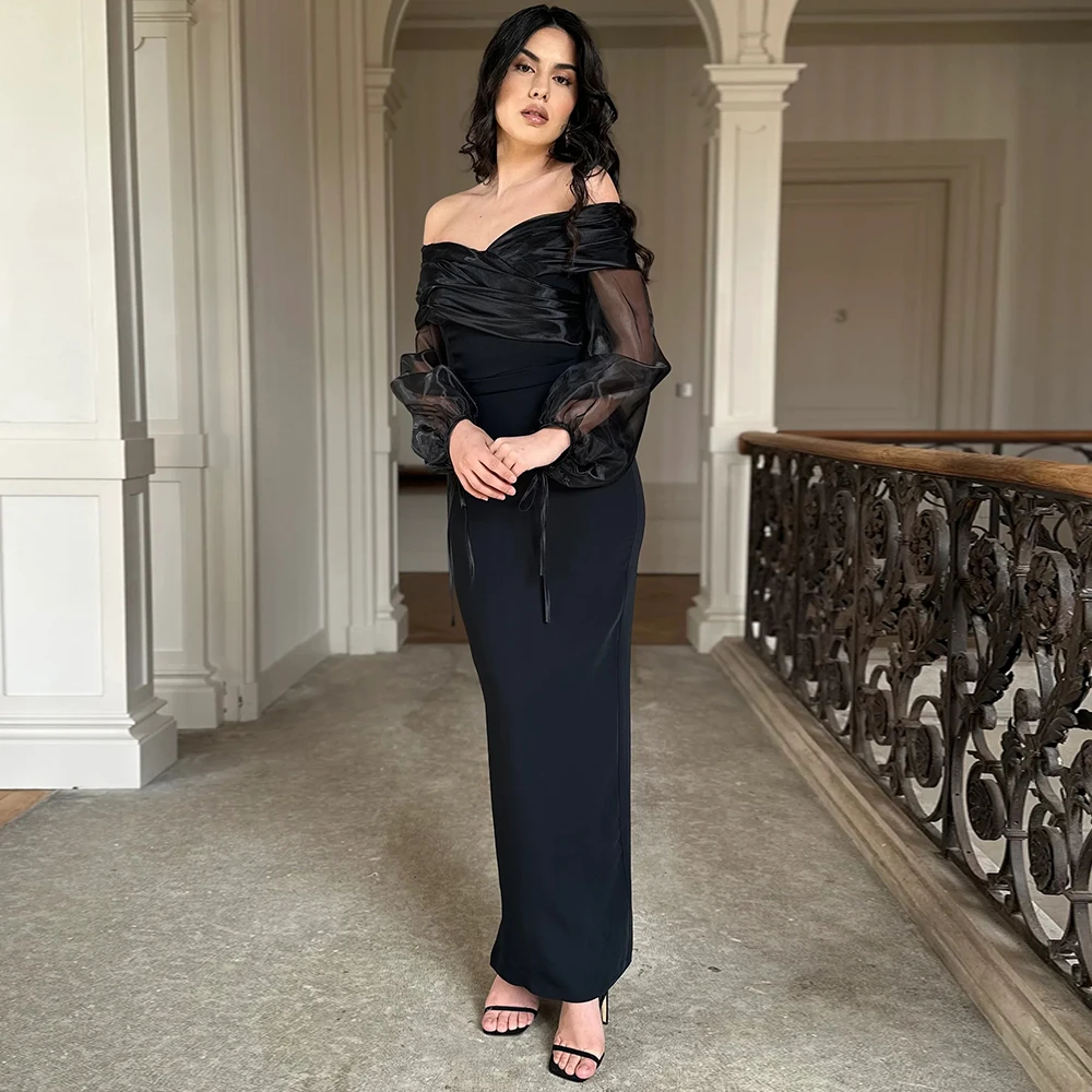 

Black Straight Off the Shoulder Evening Dress Customized Long Puff Sleeved Pleats Ankle Length Formal Party Gowns with Back Slit