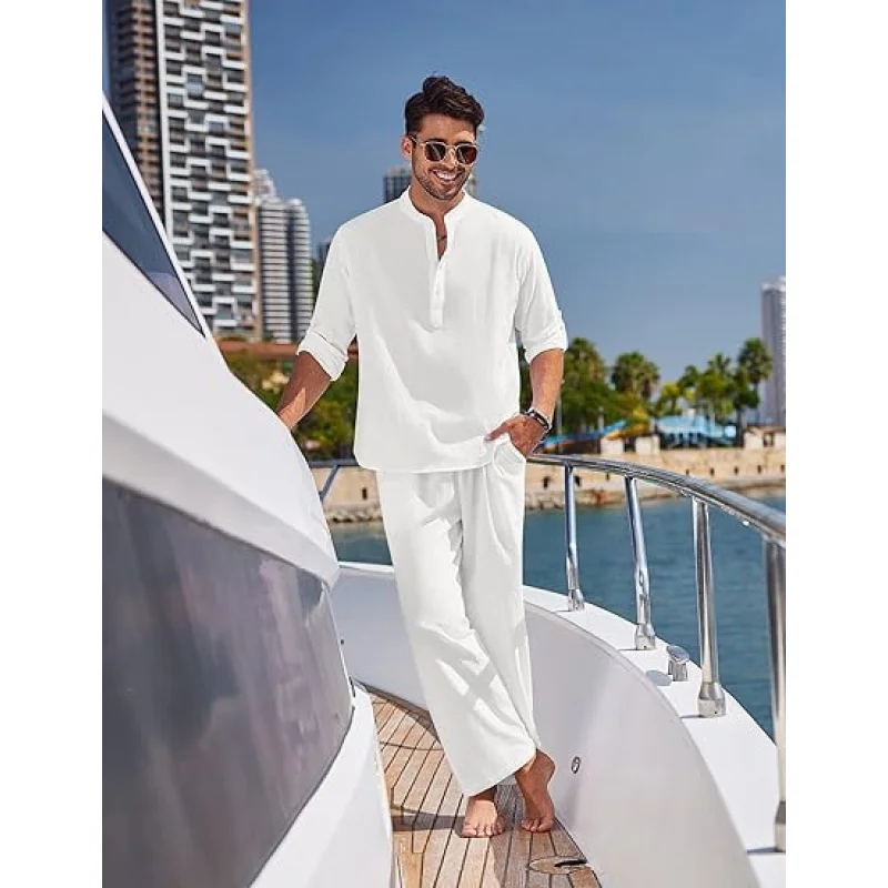 

2025Spring Hot Sale Men's Solid Color Casual Linen Cotton Long Sleeve Henley Shirt+Trousers Suit