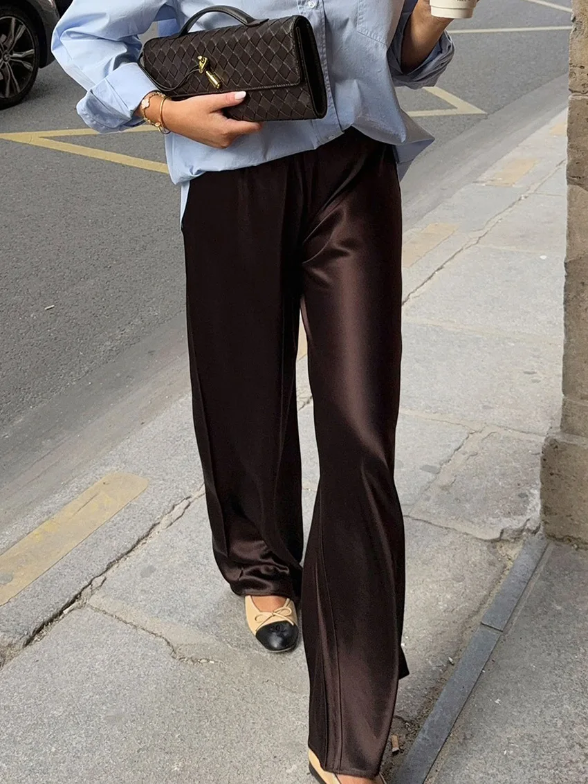 

Elegant Brown Satin Wide Leg Pants Women Autumn Fashion Beige High Waist Trousers Street Chic Silk Long Pants Female 2026