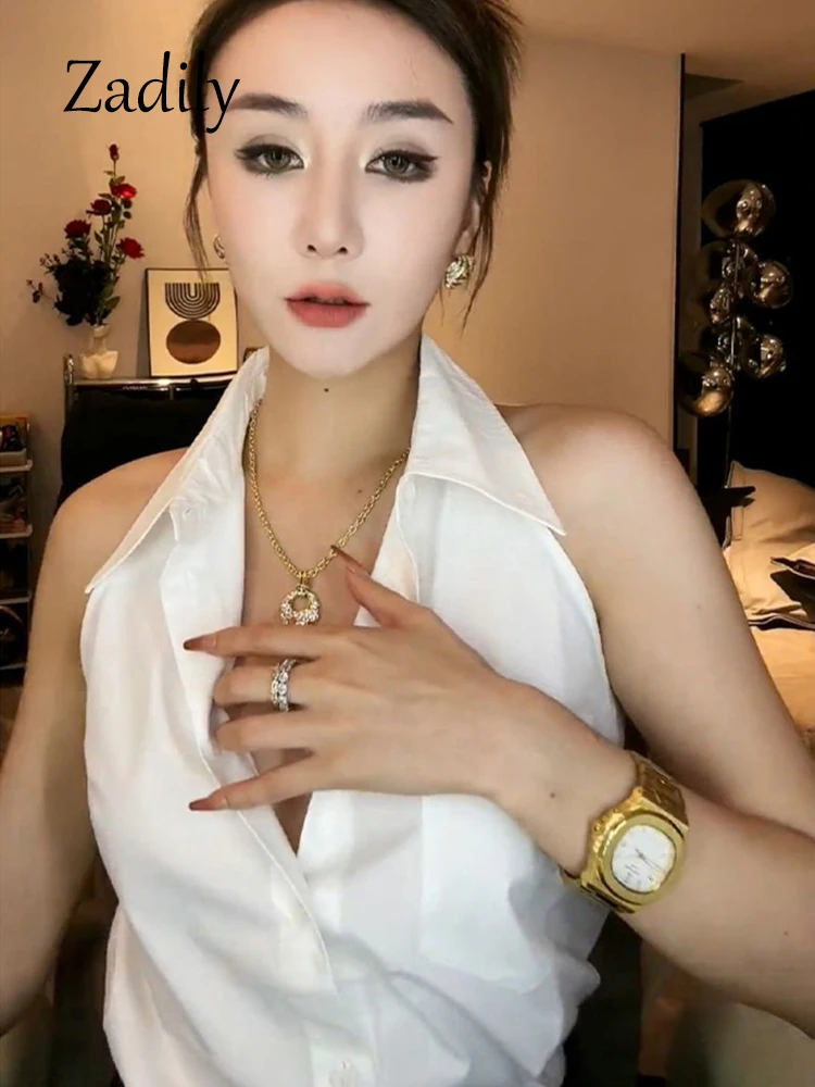 Zadily 2024 Summer Sexy Sleeveless Women White Shirt And Blouse Korea Style Button Up Turn Down Collar Tunic Party Female Tops