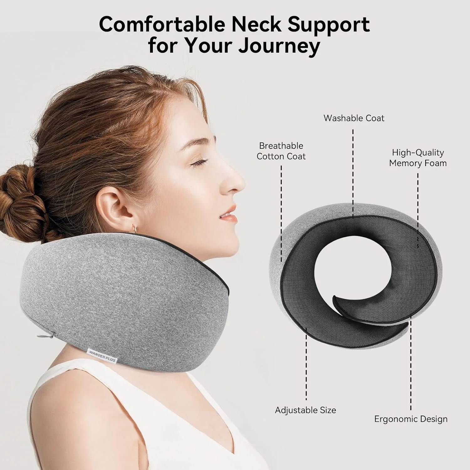 Genuine Travel Pillow 100% Pure Memory Foam Neck Pillow for Airplanes Comfortable Breathable Cover 360° Support Stowable Pillows