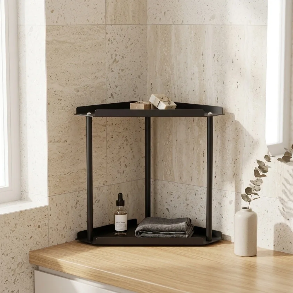 carbon-steel-black-2-tier-bathroom-counter-organizer-for-corner-fit-with-guardrails-and-non-slip-feet-for-toiletry-storage