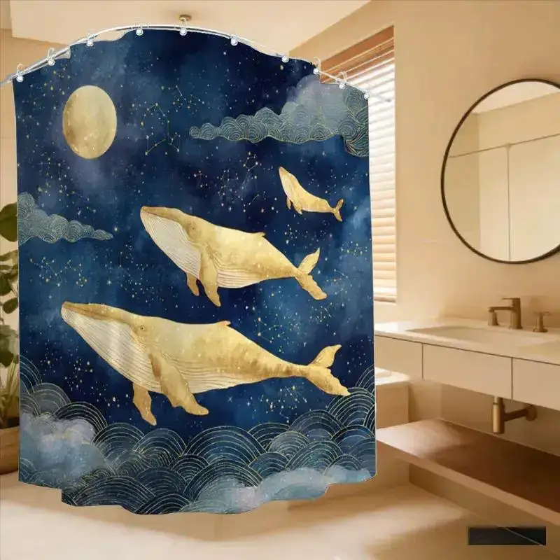 

Золотая занавеска для душа с изображением кита, 1 шт., полиэстер, 2D плоская печать, 70.9x70.9 дюймов, для спокойной атмосферы в ванной комнате