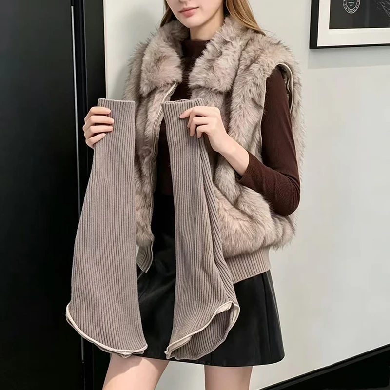 Korean Faux Fur Vest with Removable Knit Sleeves Women Turn Down Collar Zipper Winter Jacket Woman Fashion Spliced Plush Jackets
