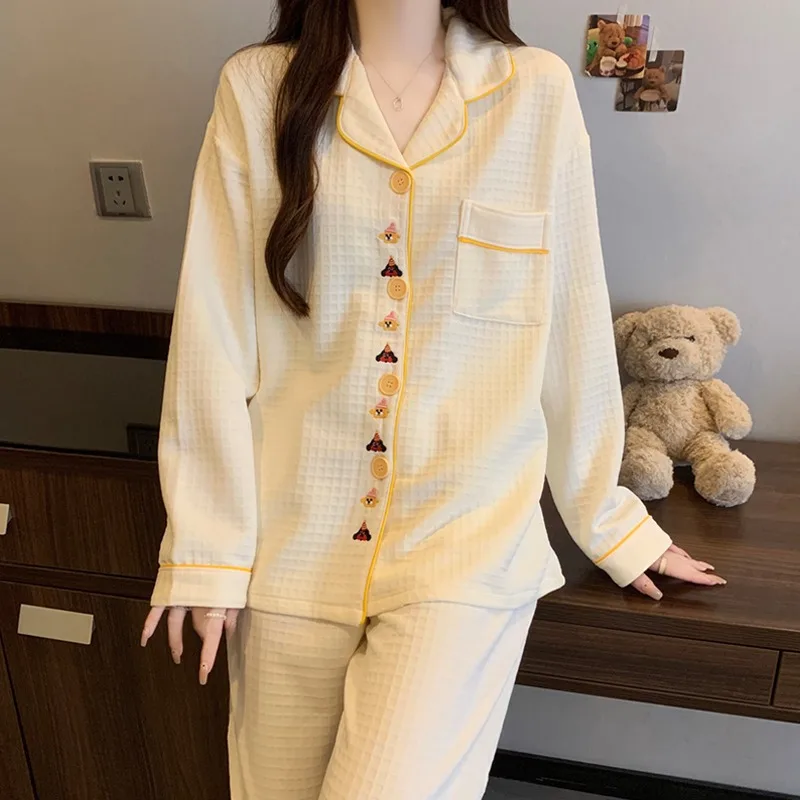 

Милый модный дизайн с вышивкой, женский пижамный комплект в стиле Харадзюку, кавайные женские пижамы с длинными рукавами, осенне-зимняя новая одежда для сна