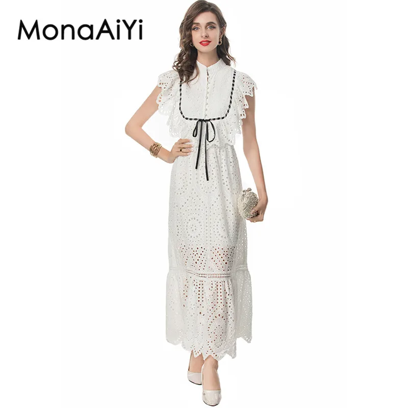 

MonaAiYi Fashion Design Summer Women's Dress Stand Collar Sleeveless Hollow Out Lace-UP Button Elegant Long Dresses