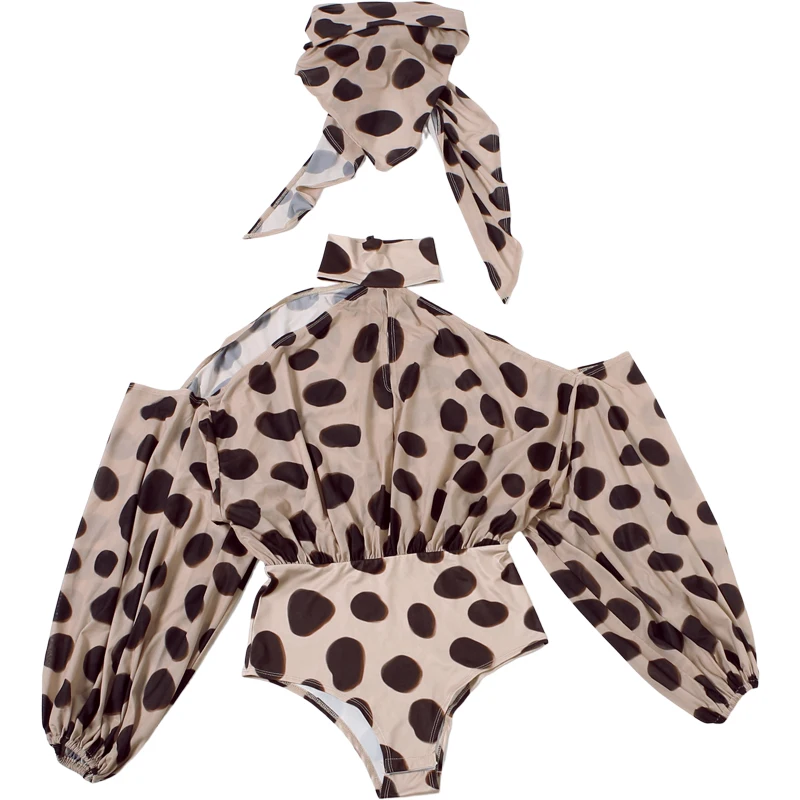 Weird Puss Dot Patchwork-Print-Playsuit + Kopftuch, Damen-Strampler mit Neckholder, schulterfreiem Rückenausschnitt und Laternenärmeln im Street-Fashion-Stil – Detail 2