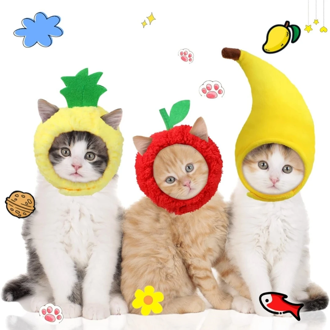 3 pieces of cat hats, Halloween costumes, banana pineapple red fruit shaped hats, soft hats, adjustable accessories, breathable