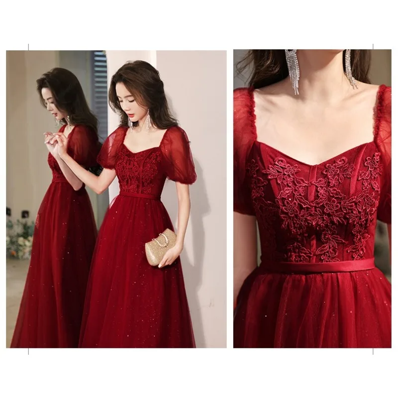 2026 novo vestido de noite de manga curta bordado feminino moda emagrecimento vinho vermelho casamento noiva brindando vestido longo rede
