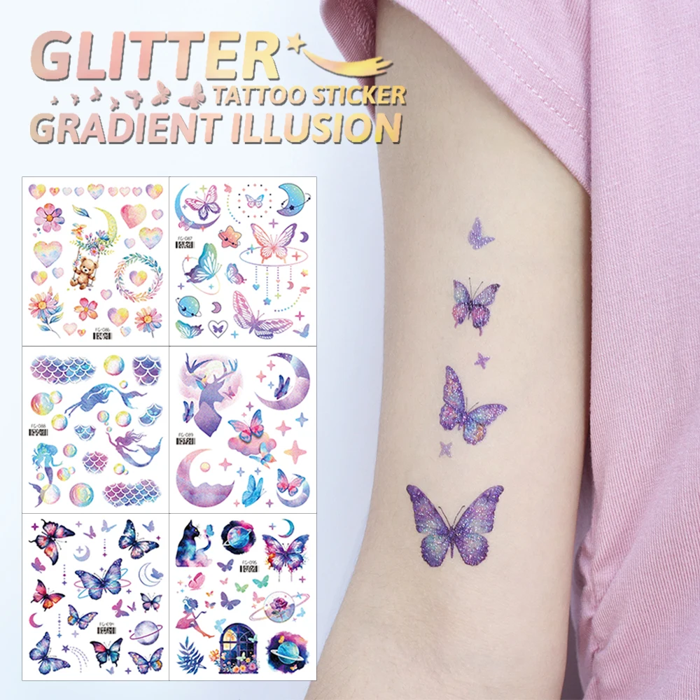 Glitter farfalla adesivi tatuaggio temporaneo per bambini impermeabile viso braccio corpo bambini tatuaggi finti donne ragazze prodotti per il trucco