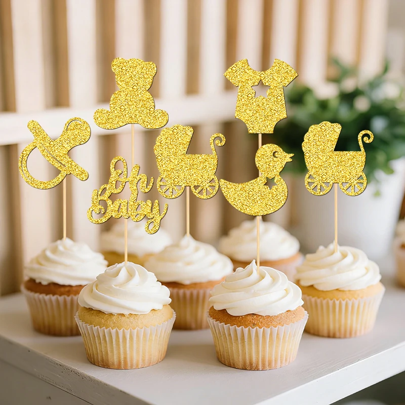 YOMDID 24 Stück Baby-Shower-Cupcake-Topper, glitzernde Schnuller-, Enten-, Kleidungs- und Kinderwagen-Kuchenaufsätze für Baby-Shower-Party-Dekorationen