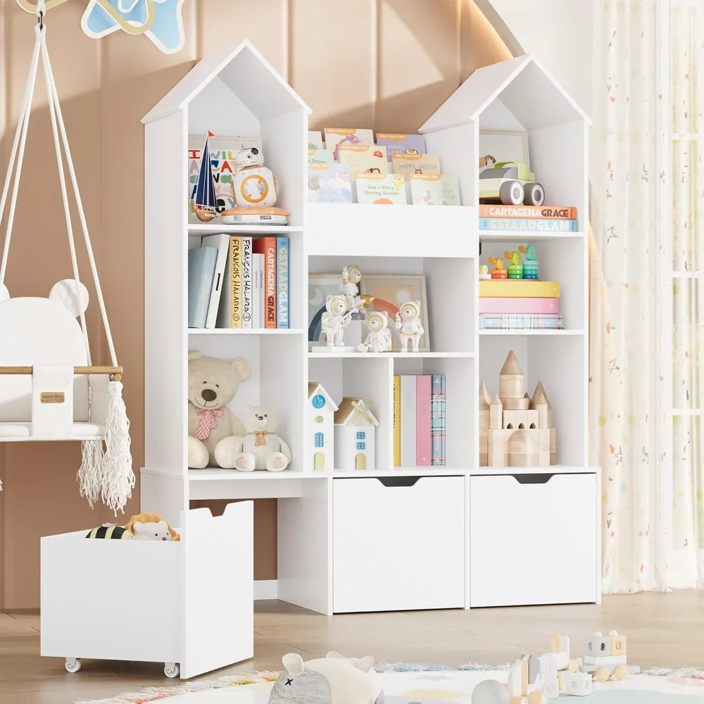 Toy Storage Organizer with Castle Roof, Large Kids Bookshelf Dollhouse with 3 Movable Drawers and 9 Storage Cubbies, (White)