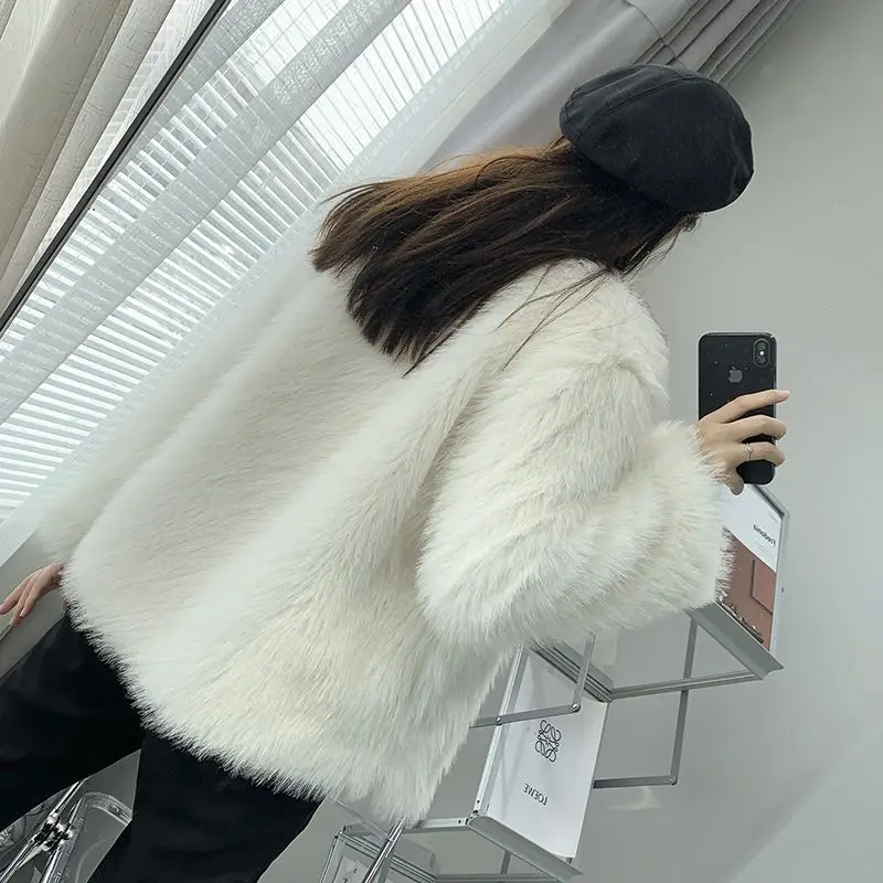 2023 Autumn Winter New Women Mid-Length Faux Fur Coat Loose Temperament Imitation Fox Fur Warm Outwear Fashion Casual Outcoat