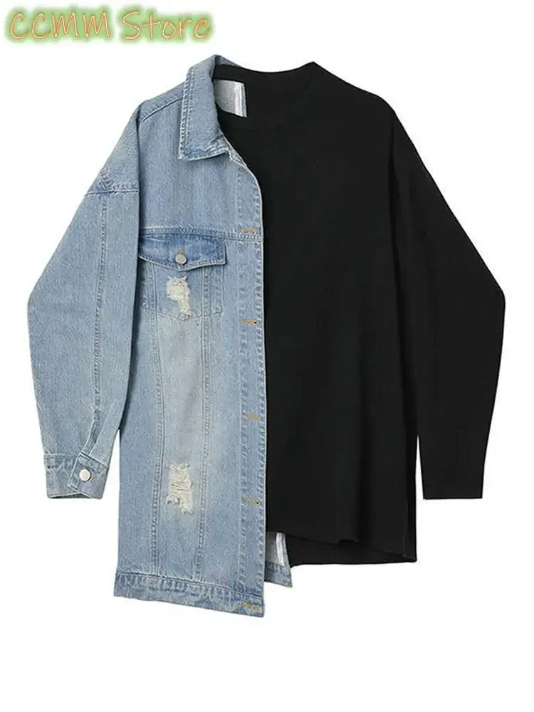 Loose Fit Denim Split Bandage Sweatshirt New Round Neck Long Sleeve Women Big Size Fashion Tide Spring Autumn