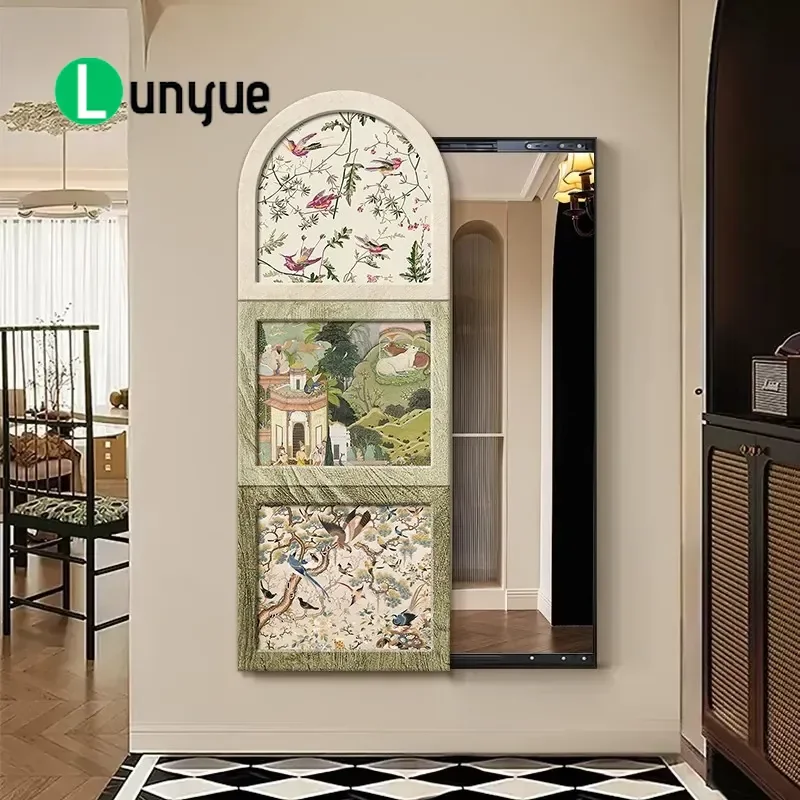 French Medieval Flower Bird Push Pull Full Length Mirror Wall Mounted Hidden Invisible Decorative Painting Fitting Mirror for