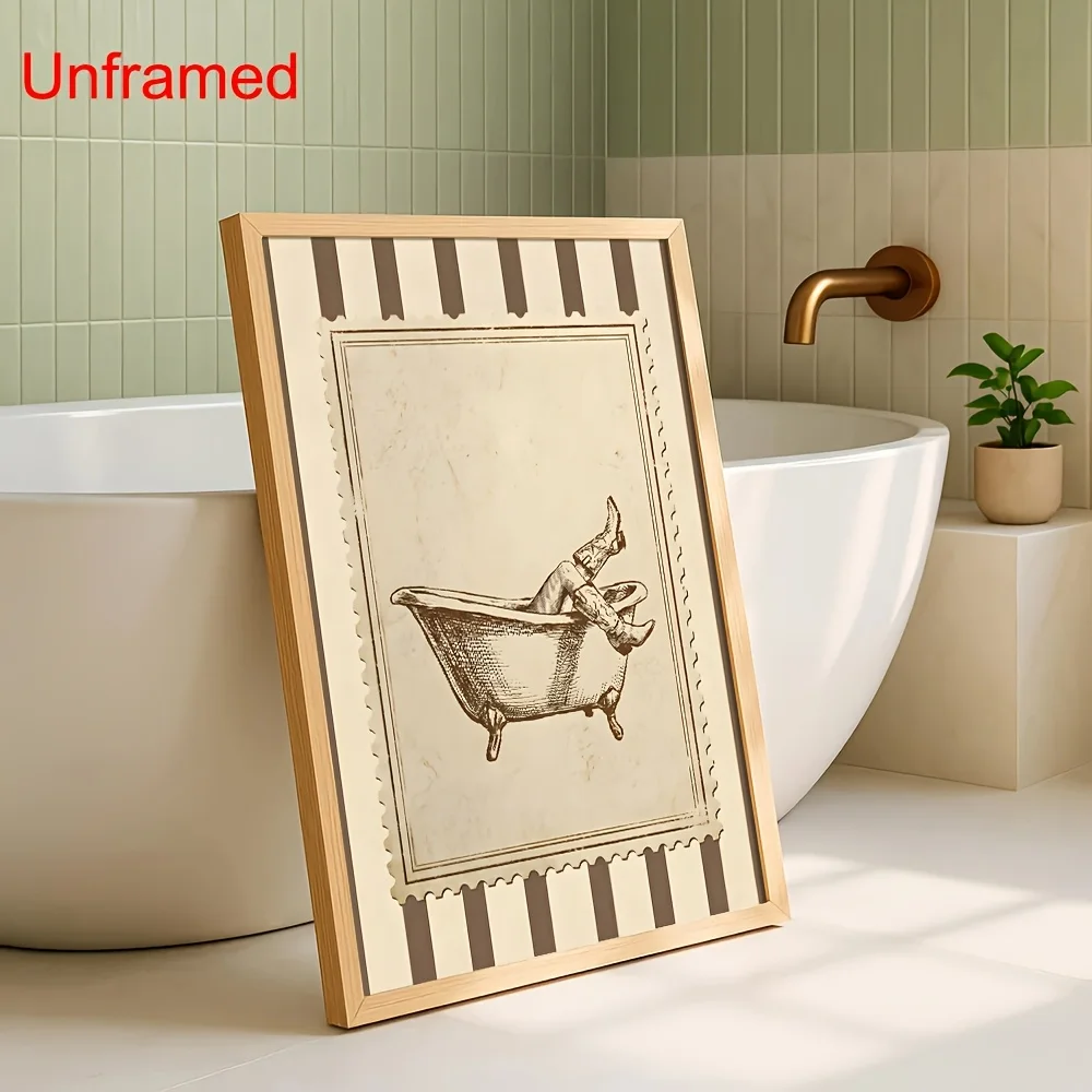 2027,1pc 1pcs Suitable for for Girl' Room, Western Cowgirl Clawfoot Bathtub Poster - Vertical Retro Brown Striped Stamp Ink C