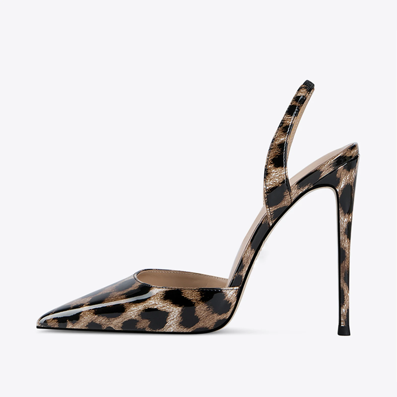 

Arden Furtado Summer leopard print Patent Leather Pointed-toe Super high heel sling back shoes Closed toe sandals Commuter shoes